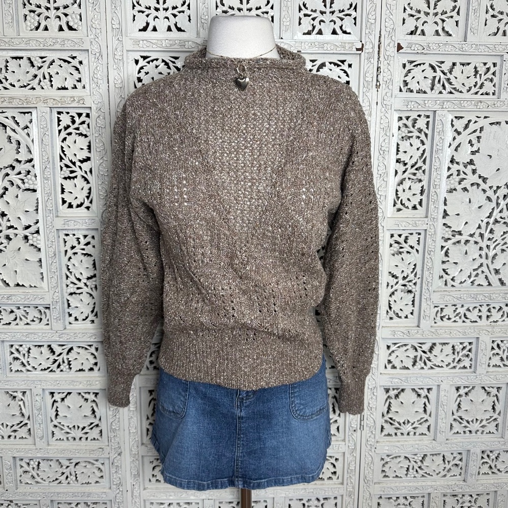 Vintage Marisa Christina Light Brown Open Knit Boho Earthy Textured Sweater Sz S
